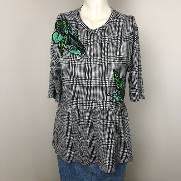 Zara Gray Houndstooth Leaf Patch Peplum Blouse Size S - Picture 1 of 10
